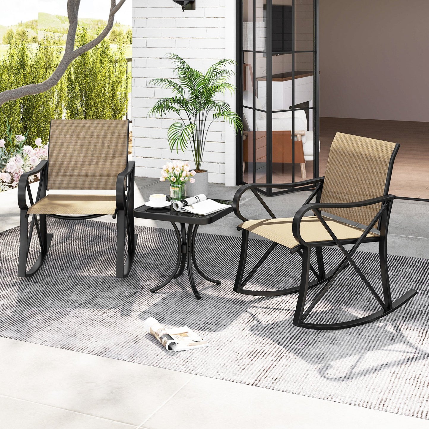 3 Piece Patio Rocking Set with Smooth Rocking Motion Outdoor Rocker Chair Bistro Set-Black
