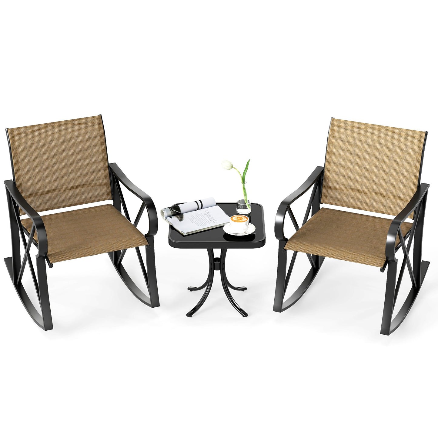 3 Piece Patio Rocking Set with Smooth Rocking Motion Outdoor Rocker Chair Bistro Set-Black