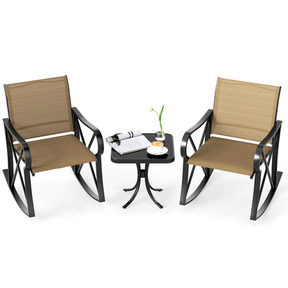 3 Piece Patio Rocking Set with Smooth Rocking Motion Outdoor Rocker Chair Bistro Set-Black