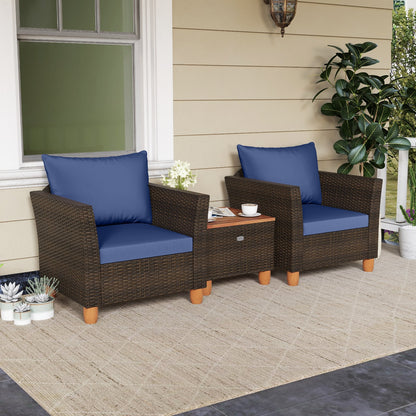 3 Pieces Patio PE Wicker Furniture Set with Cushions and Acacia Wood Storage Coffee Table-Beige