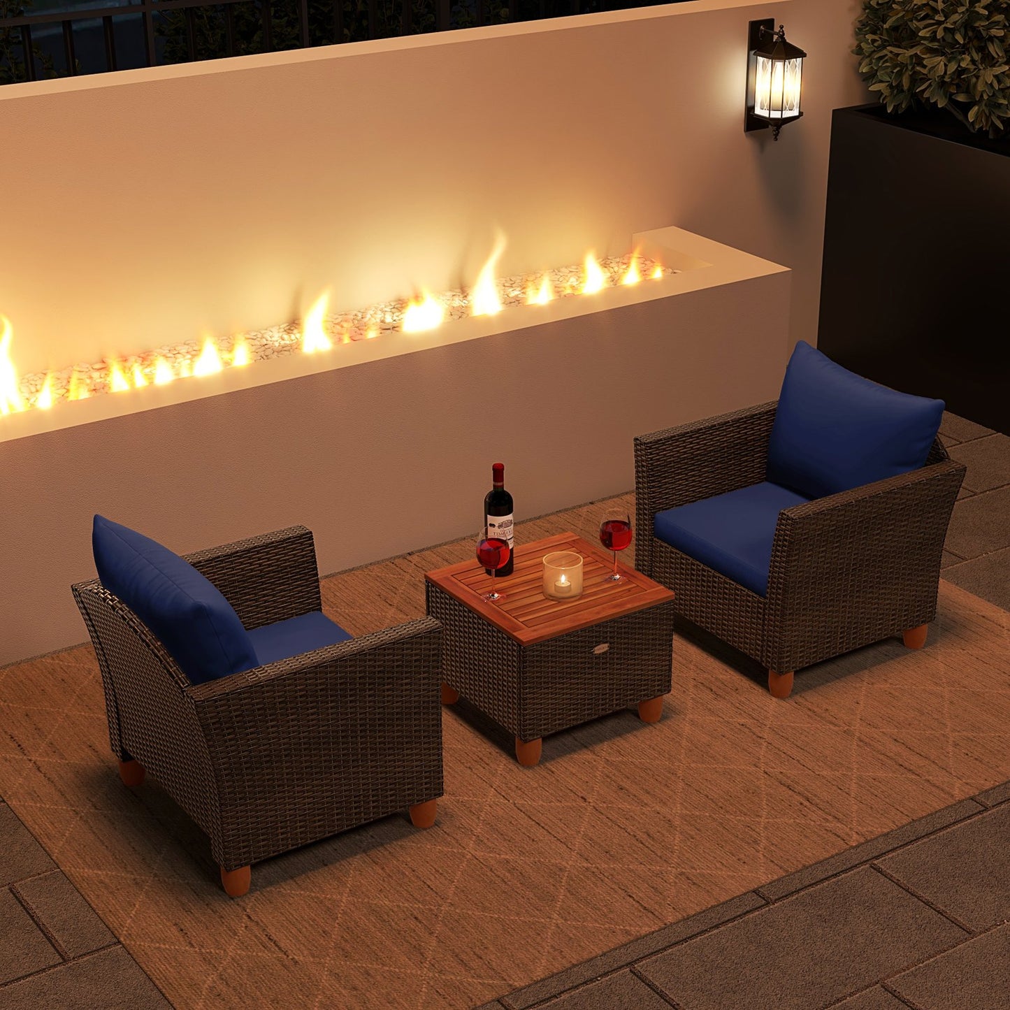 3 Pieces Patio PE Wicker Furniture Set with Cushions and Acacia Wood Storage Coffee Table-Beige