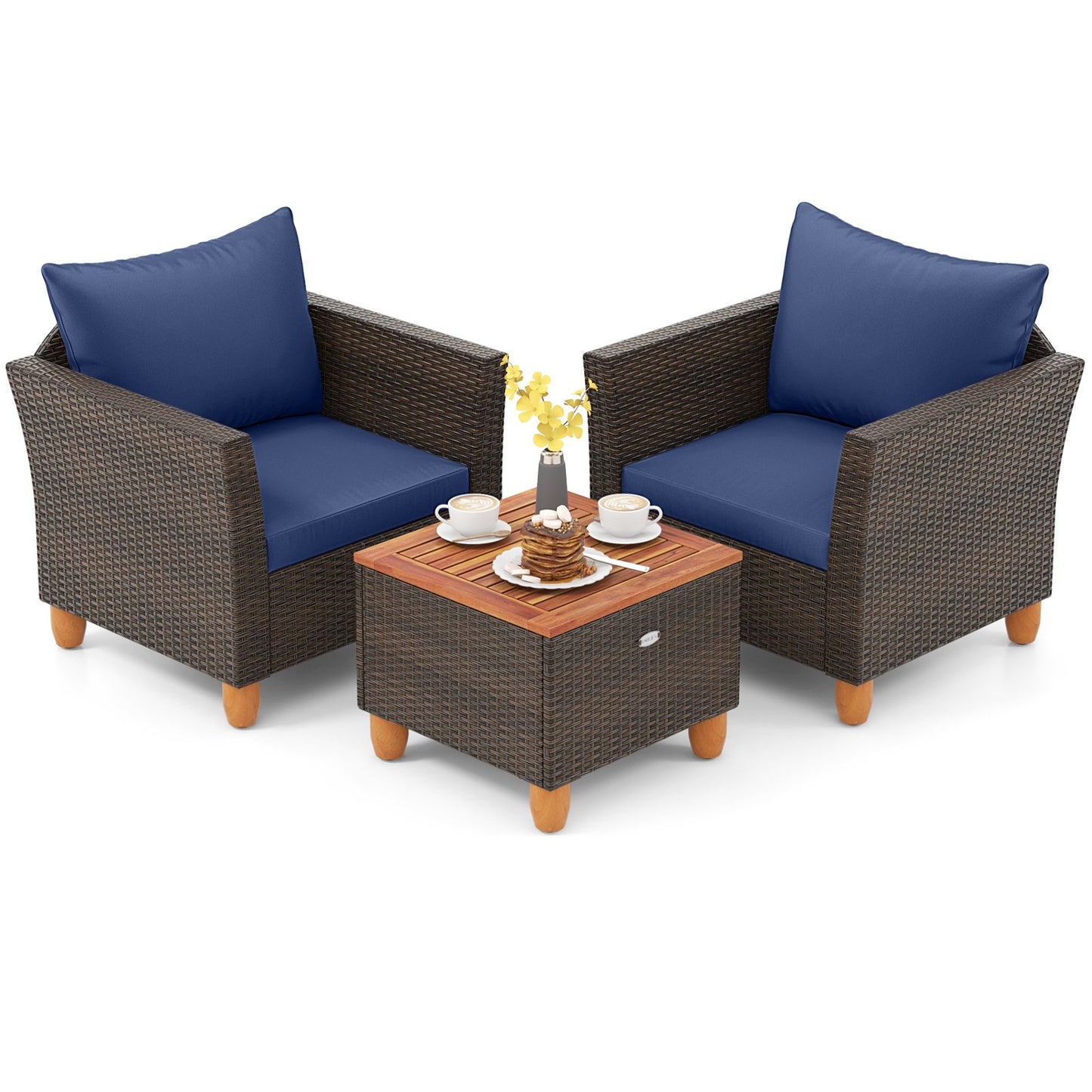 3 Pieces Patio PE Wicker Furniture Set with Cushions and Acacia Wood Storage Coffee Table-Beige