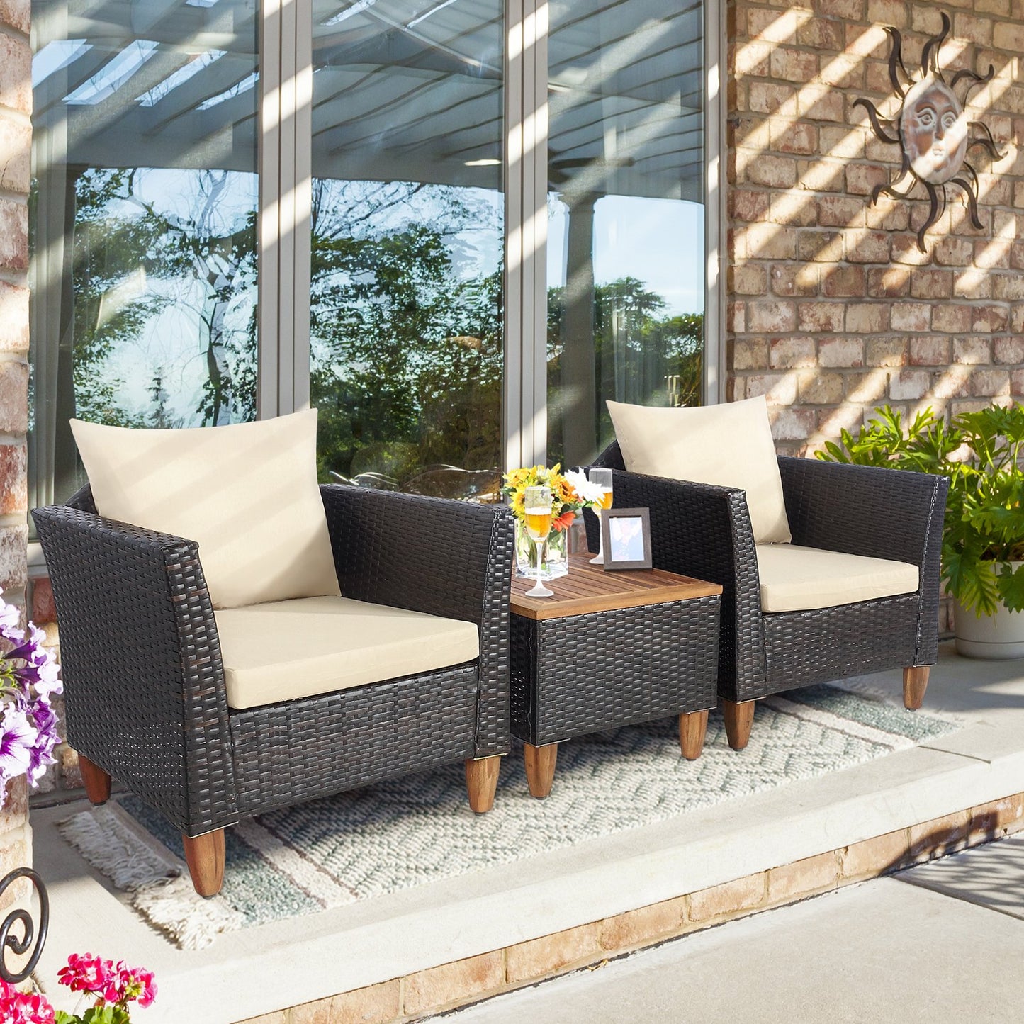 3 Pieces Patio Rattan Furniture Set with Washable Cushion for Yard Porch-Beige
