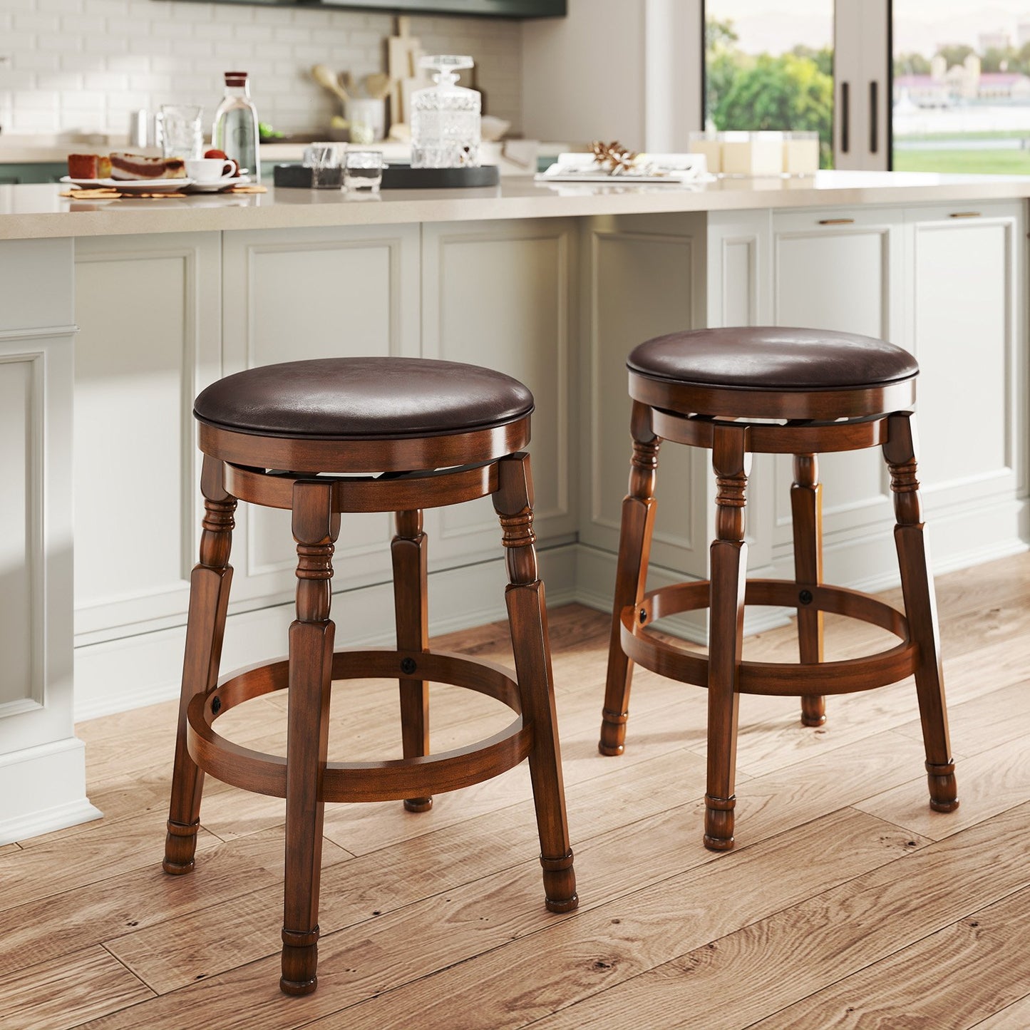Set of 2 24-Inch Swivel Leather Padded Bar Dining Stools