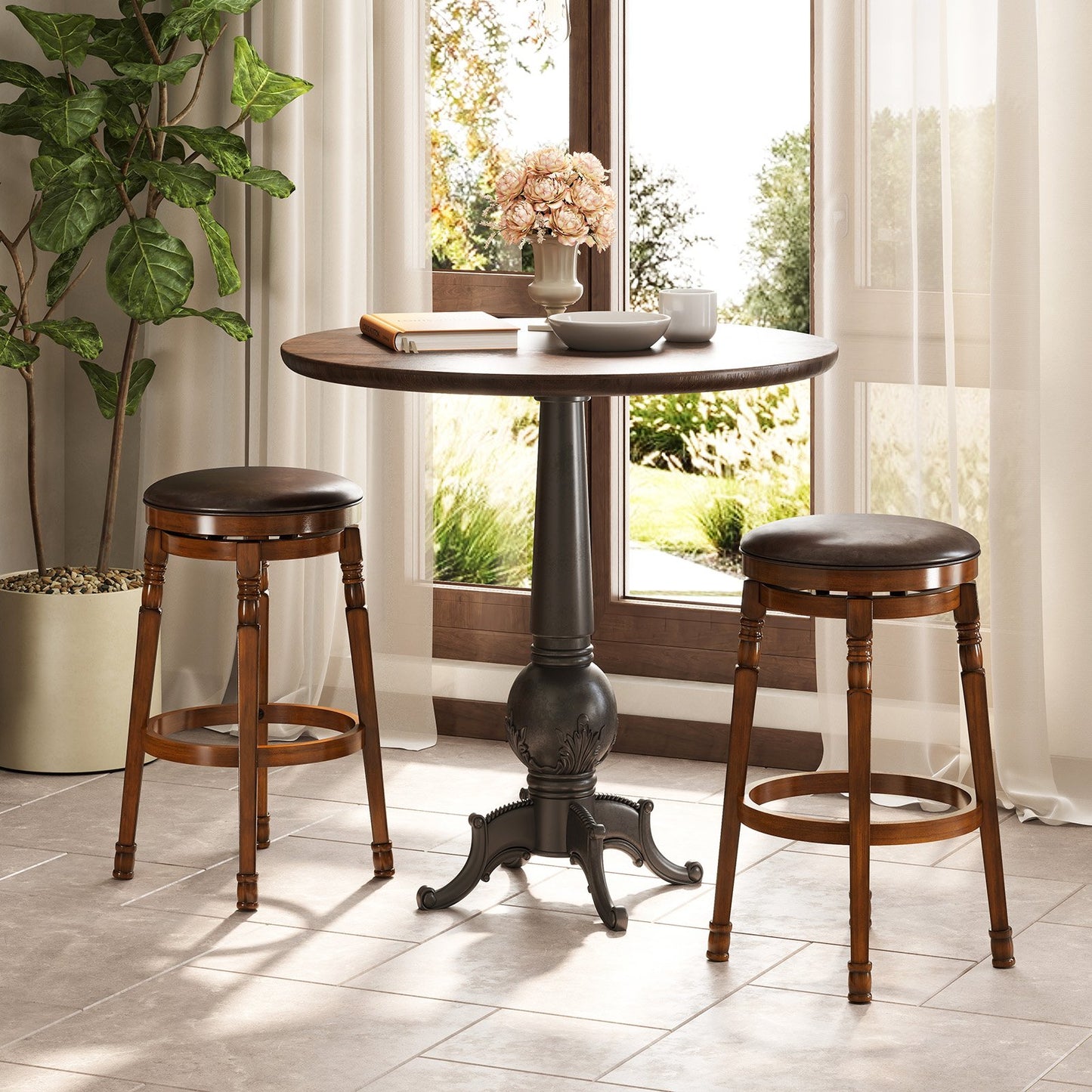 Set of 2 24-Inch Swivel Leather Padded Bar Dining Stools
