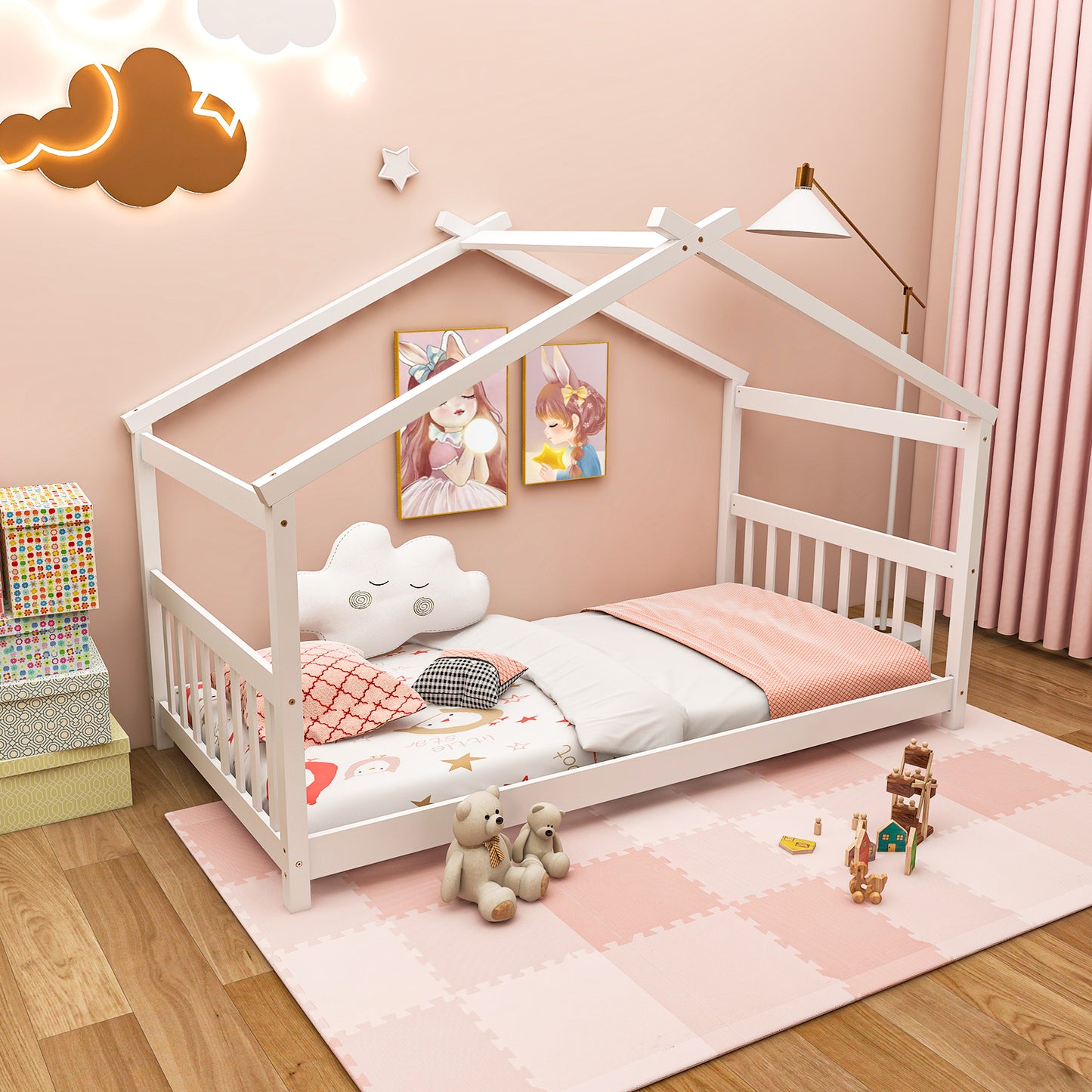 Twin Size Wooden House Bed with Roof-Gray