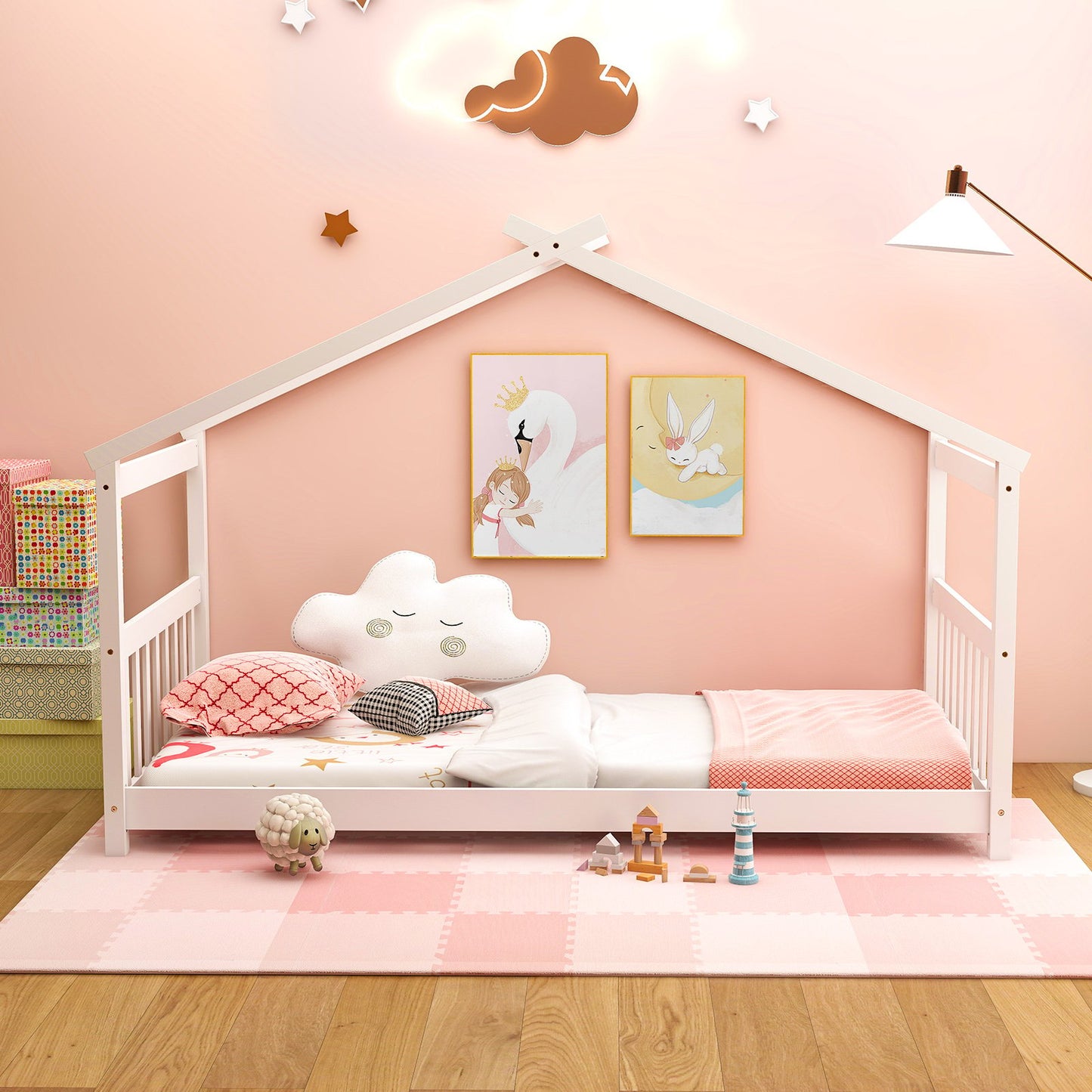 Twin Size Wooden House Bed with Roof-Gray