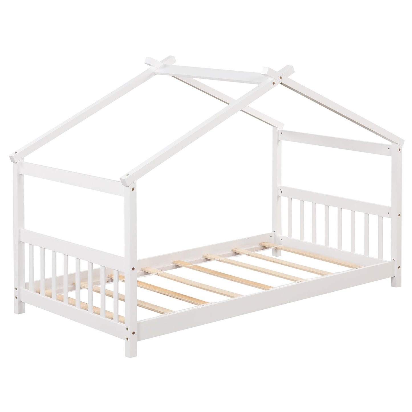 Twin Size Wooden House Bed with Roof-Gray