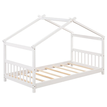 Twin Size Wooden House Bed with Roof-Gray