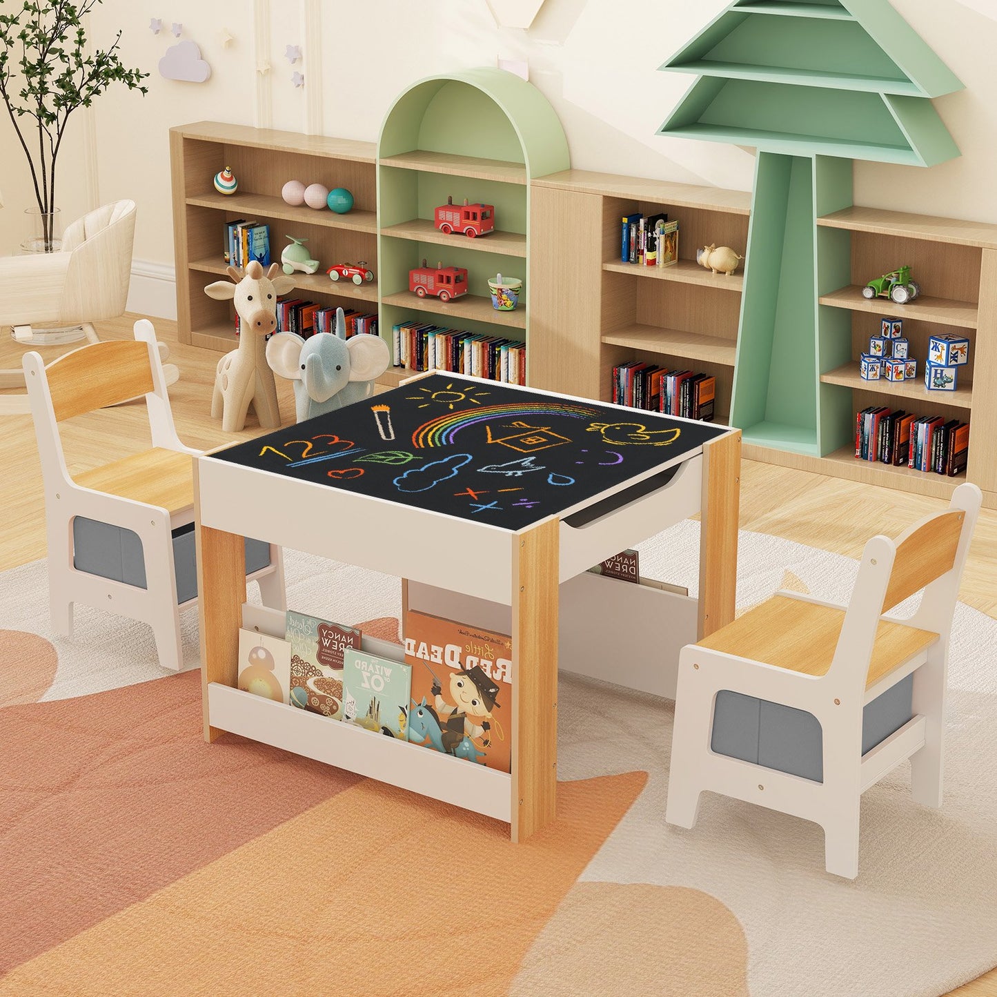 4 in 1 Kids Toddler Activity Table and Chairs Set with Reversible Tabletop-Grey