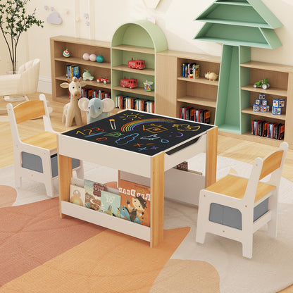 4 in 1 Kids Toddler Activity Table and Chairs Set with Reversible Tabletop-Grey