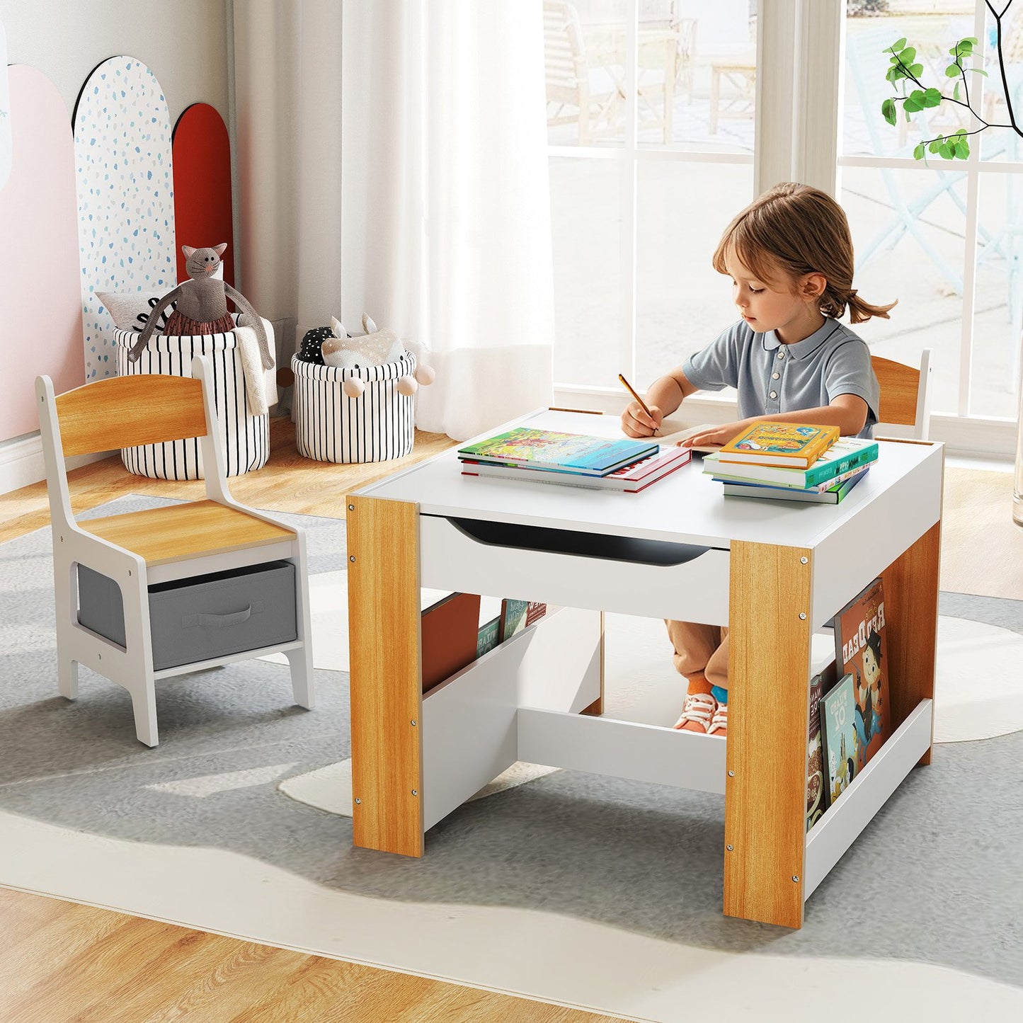 4 in 1 Kids Toddler Activity Table and Chairs Set with Reversible Tabletop-Grey