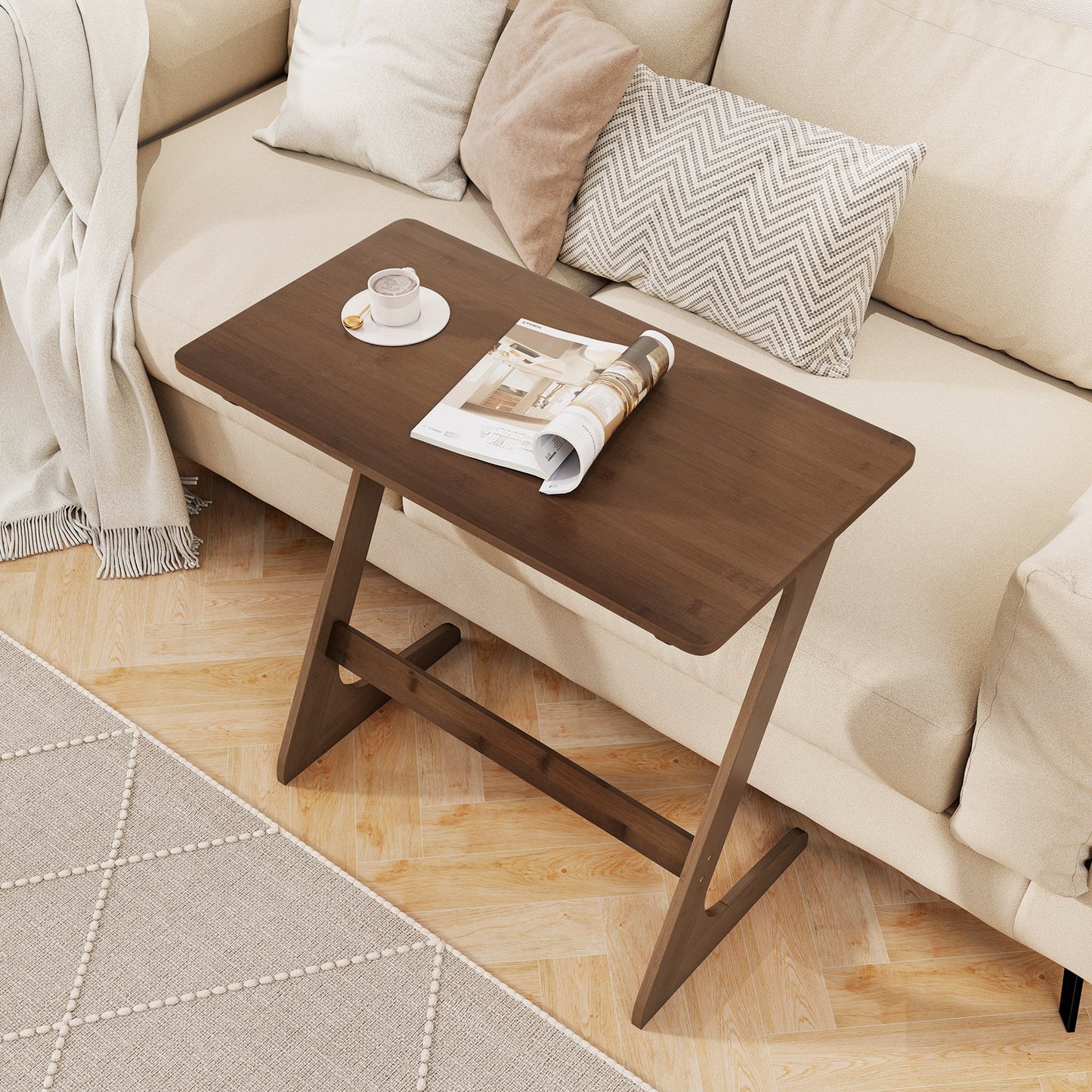 Bamboo Z-Shaped Spacious Sofa Side Table with Space-Saving Tabletop-Brown
