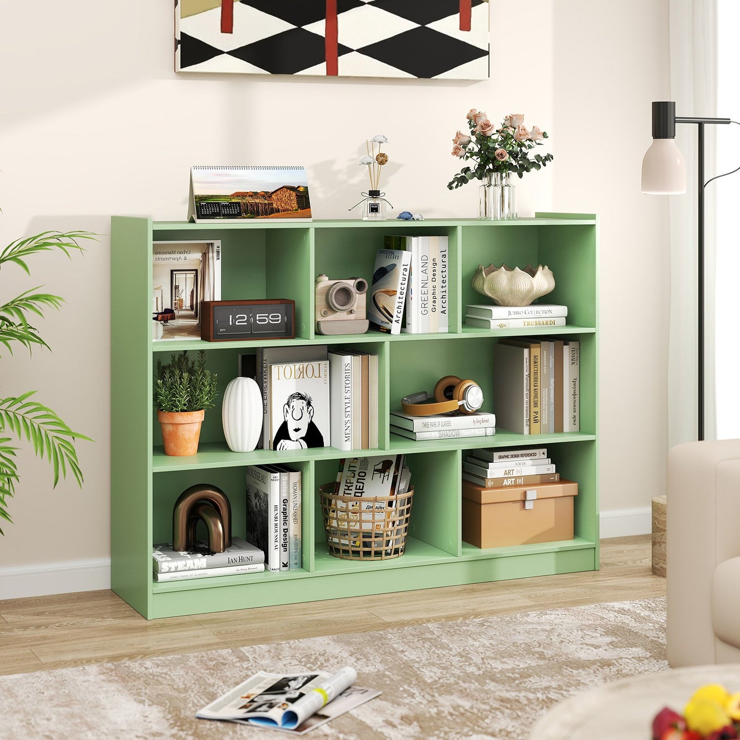 3-Tier Open Bookcase 8-Cube Floor Standing Storage Shelves-Blue
