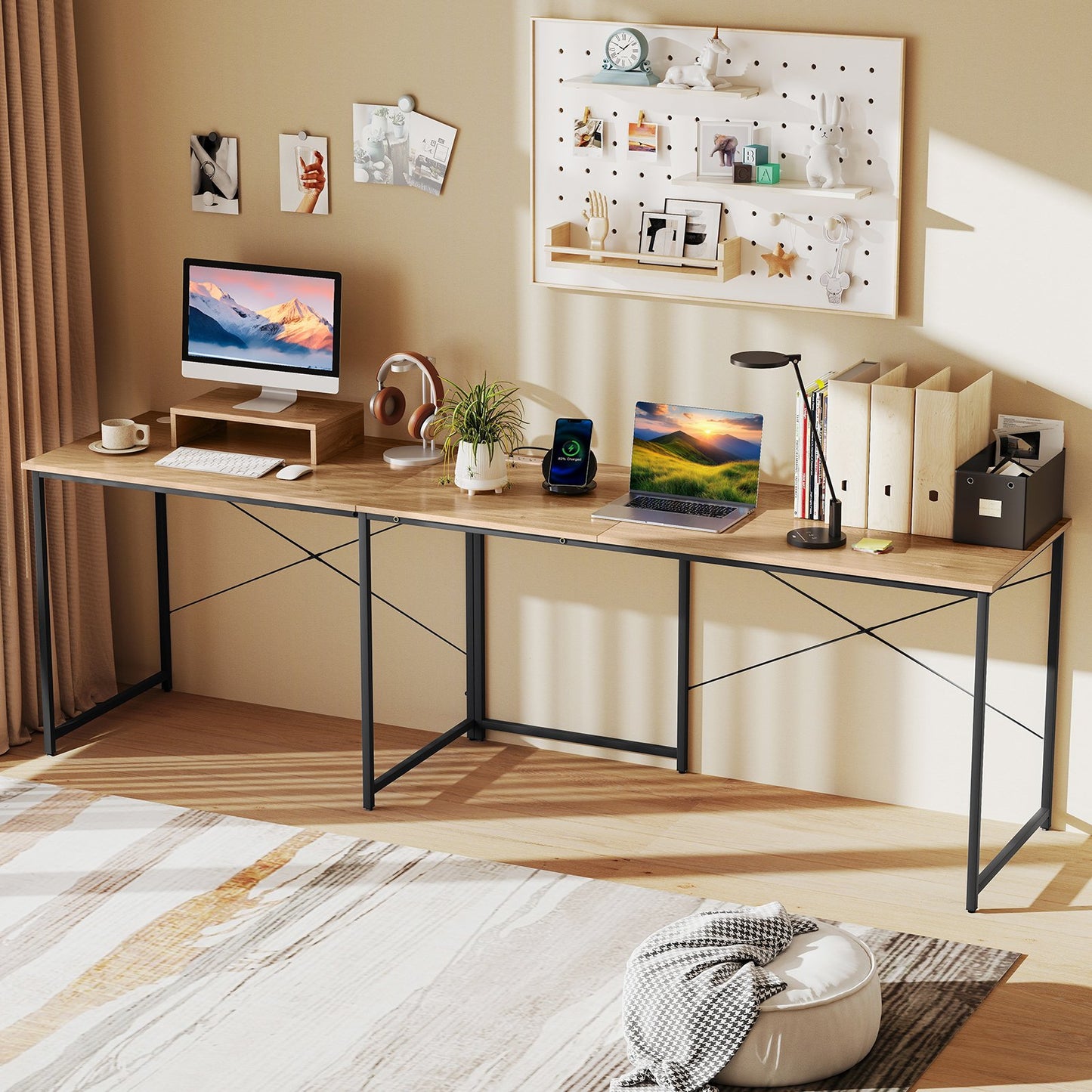 95 Inch 2-Person L-Shaped Long Reversible Computer Desk with Monitor Stand-Black