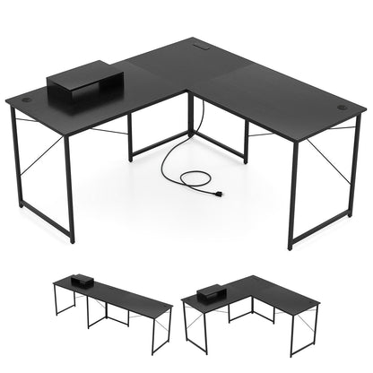 95 Inch 2-Person L-Shaped Long Reversible Computer Desk with Monitor Stand-Black