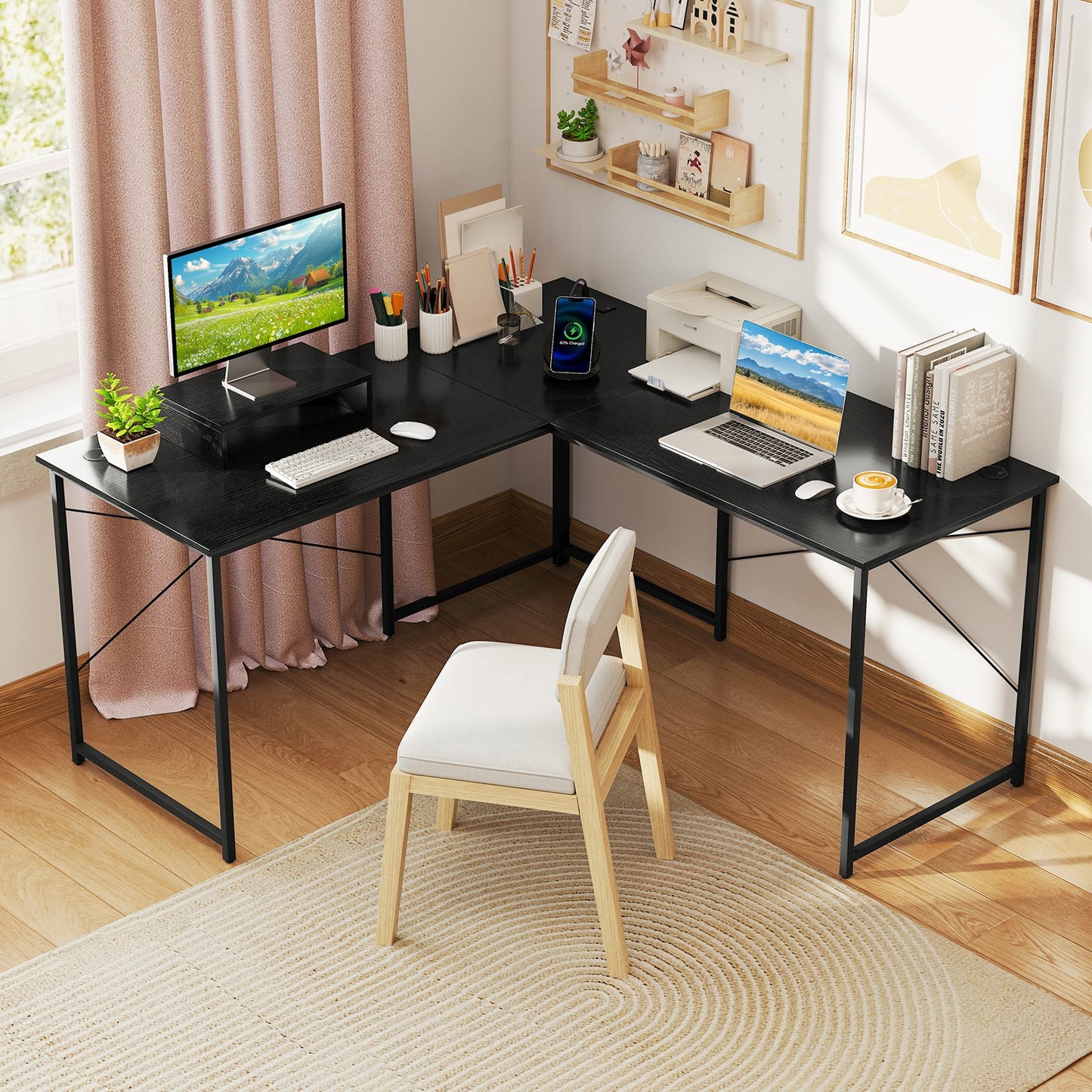 95 Inch 2-Person L-Shaped Long Reversible Computer Desk with Monitor Stand-Black