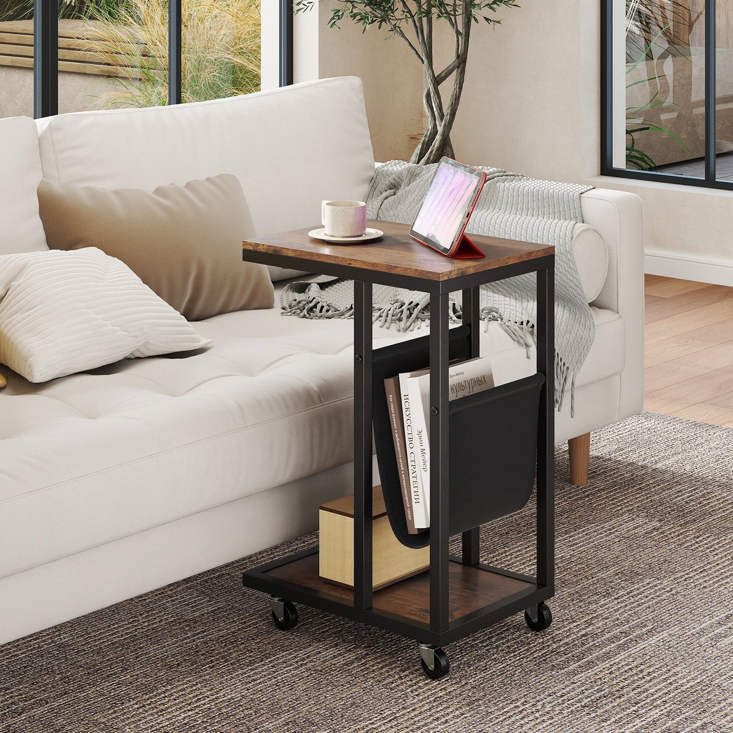 C-shaped Side Table with Canvas Storage Pouch and Metal Frame-Borwn