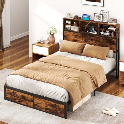 Full/King Size Bed Frame with Storage Headboard Industrial Metal Platform Bed-Full Size