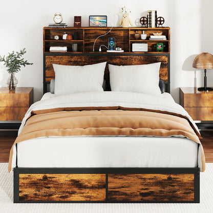 Full/King Size Bed Frame with Storage Headboard Industrial Metal Platform Bed-Full Size