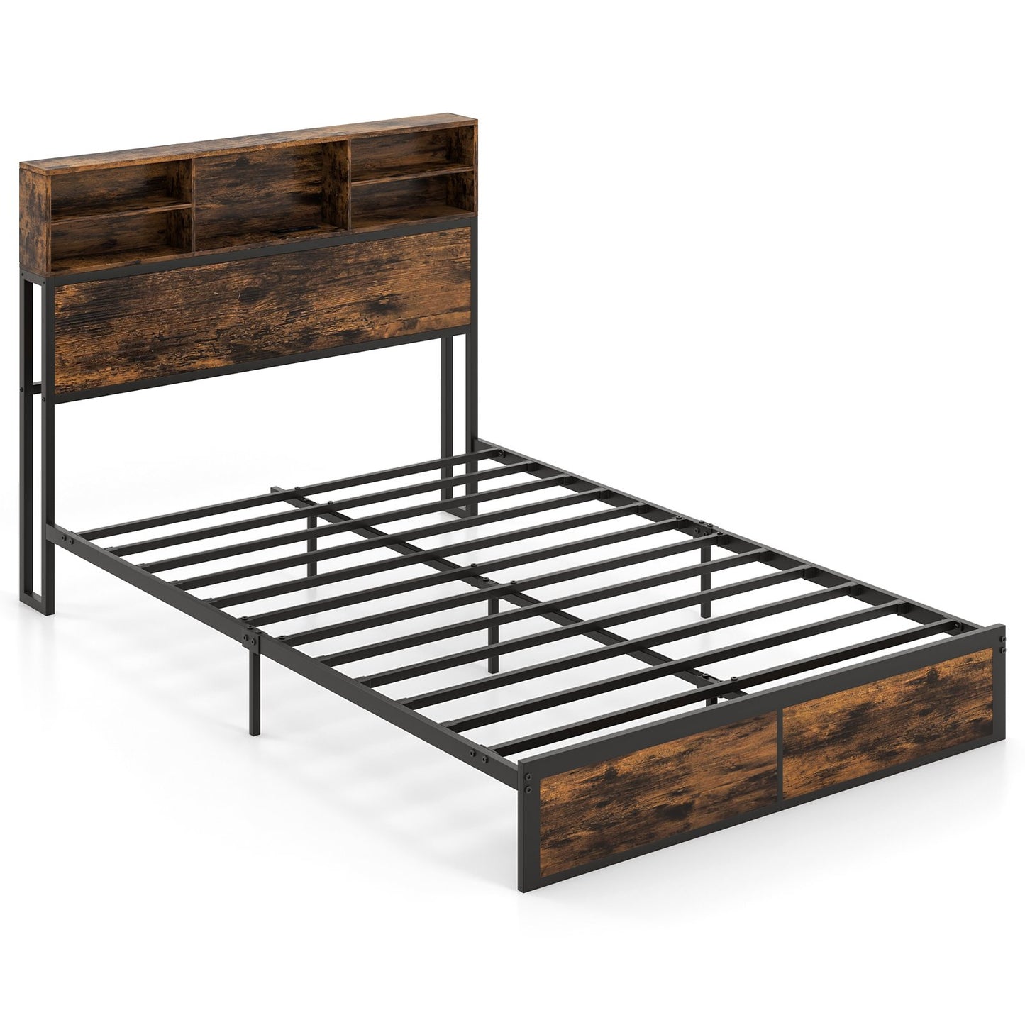 Full/King Size Bed Frame with Storage Headboard Industrial Metal Platform Bed-Full Size
