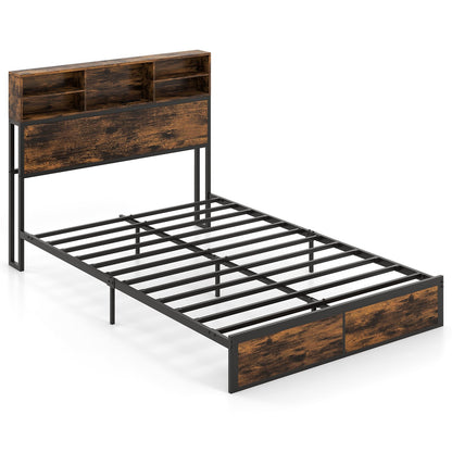 Full/King Size Bed Frame with Storage Headboard Industrial Metal Platform Bed-Full Size
