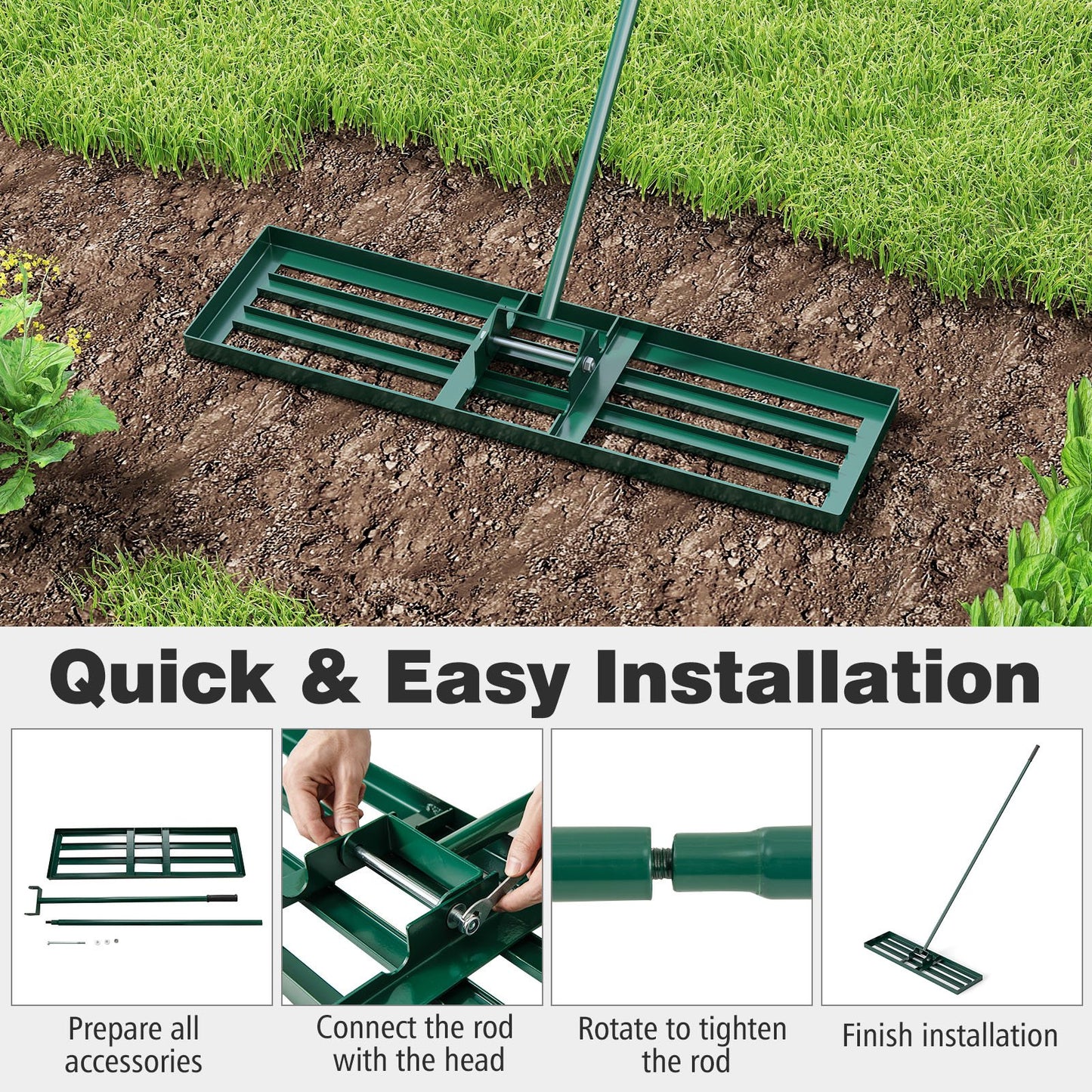 36 x 10 Inch Lawn Leveling Rake with Ergonomic Handle-Black