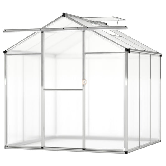 Large walk-in greenhouse with rain gutters and polycarbonate panels, 6 feet tall, by Wilsons Home Store for outdoor gardening.