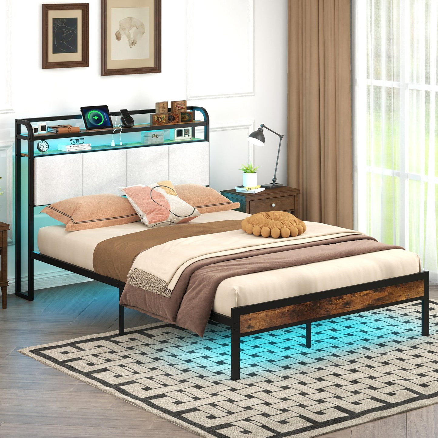Twin/Full/Queen/King Size Bed Frame with LED Light and Charging Station-Twin Size