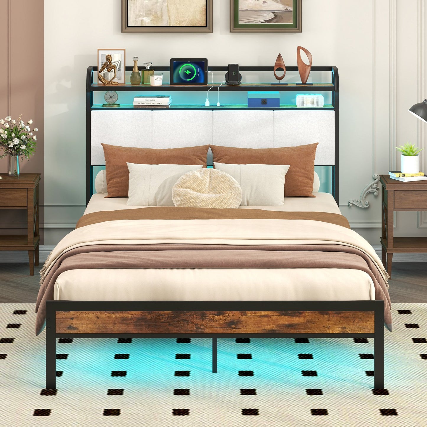 Twin/Full/Queen/King Size Bed Frame with LED Light and Charging Station-Twin Size