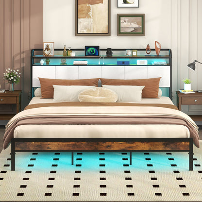Twin/Full/Queen/King Size Bed Frame with LED Light and Charging Station-Twin Size