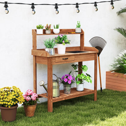 Outdoor Wooden Garden Table Work Station with Storage Shelves and Drawer-Coffee