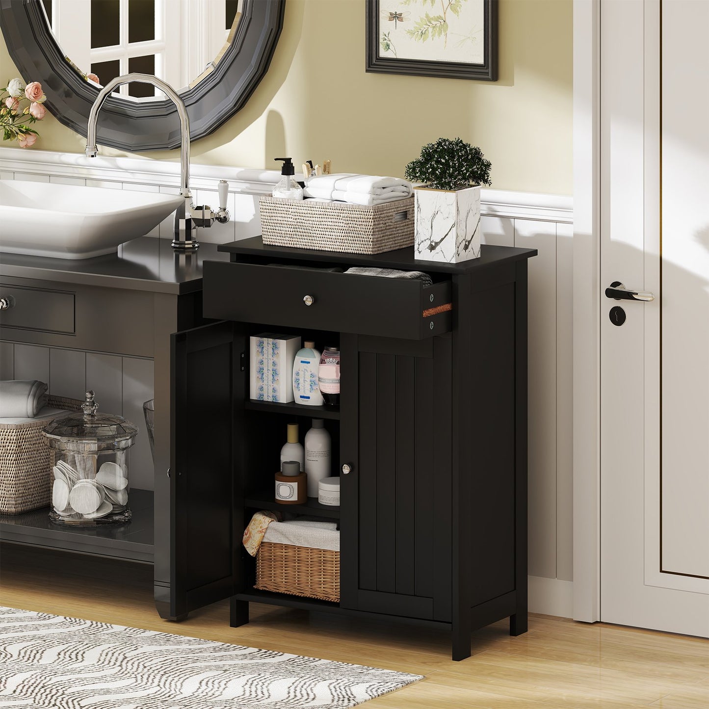 Bathroom Floor Cabinet Freestanding Storage Organizer with 2 Doors-Black