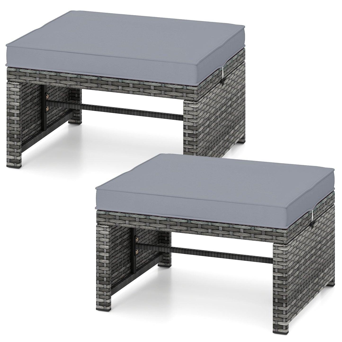 2 Pieces Patio PE Rattan Ottomans with Soft Zippered Cushions for Deck-Black