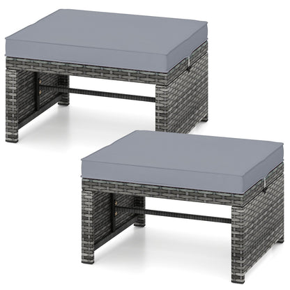 2 Pieces Patio PE Rattan Ottomans with Soft Zippered Cushions for Deck-Black