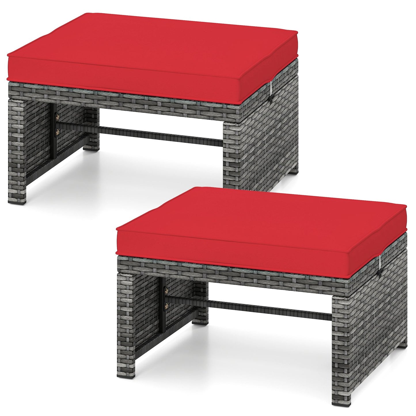 2 Pieces Patio PE Rattan Ottomans with Soft Zippered Cushions for Deck-Black