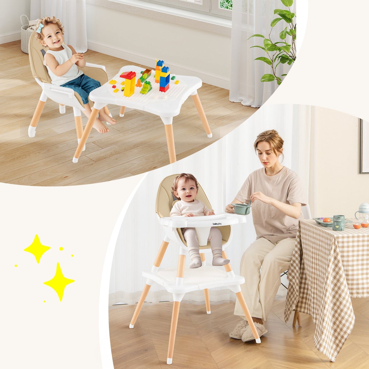 5-in-1 Baby Wooden Convertible High Chair -Khaki