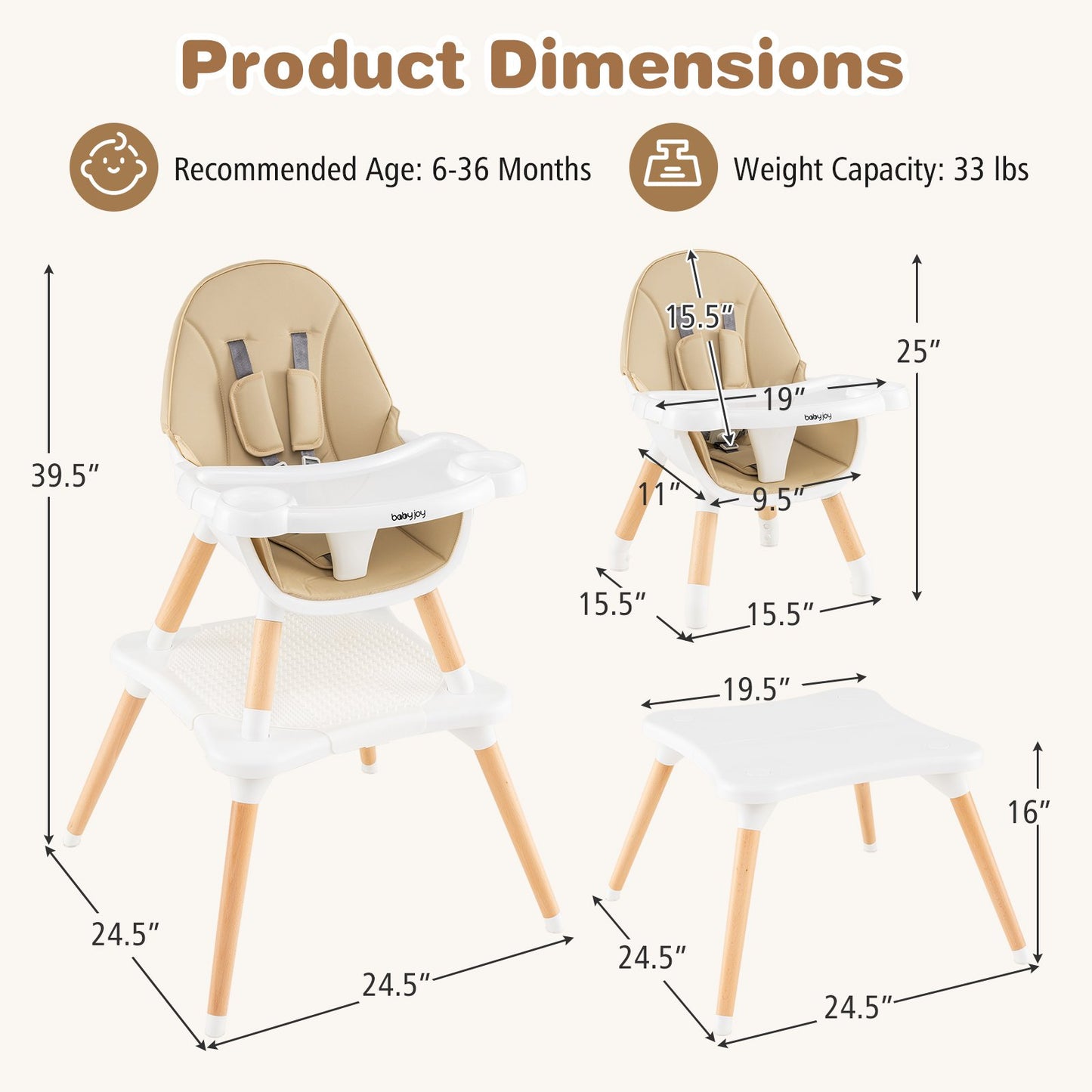 5-in-1 Baby Wooden Convertible High Chair -Khaki