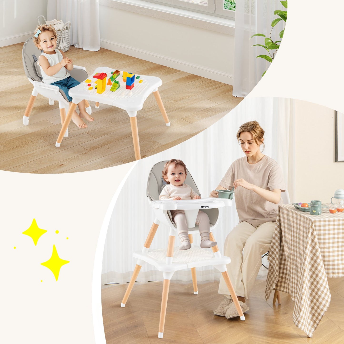 5-in-1 Baby Wooden Convertible High Chair -Khaki