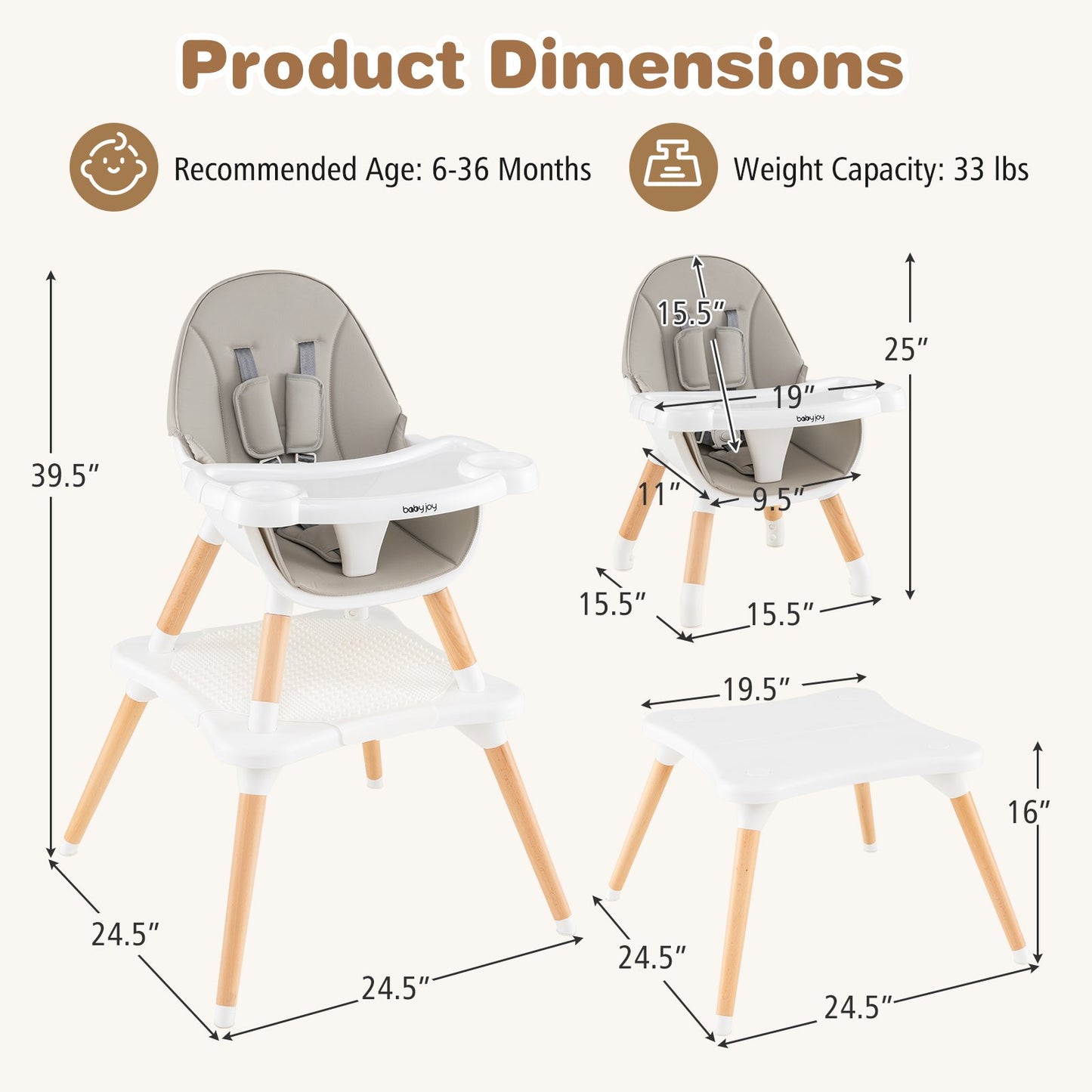 5-in-1 Baby Wooden Convertible High Chair -Khaki