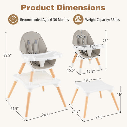 5-in-1 Baby Wooden Convertible High Chair -Khaki