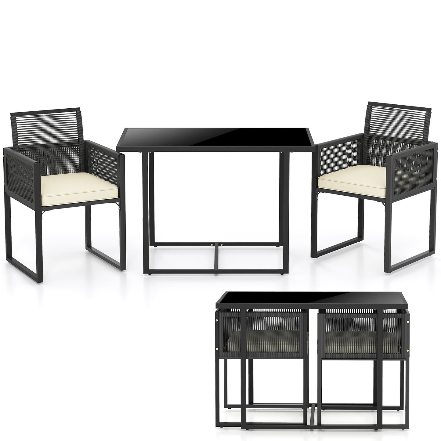 3 Pieces Patio Tempered Glass Top Table and Chairs Set for Porch Backyard-White