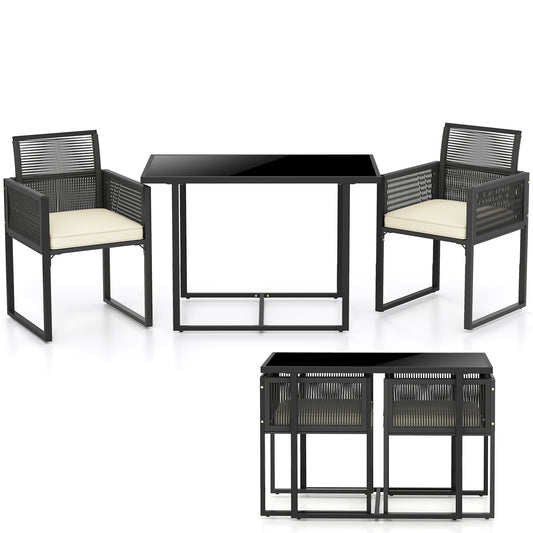 3 Pieces Patio Tempered Glass Top Table and Chairs Set for Porch Backyard-White