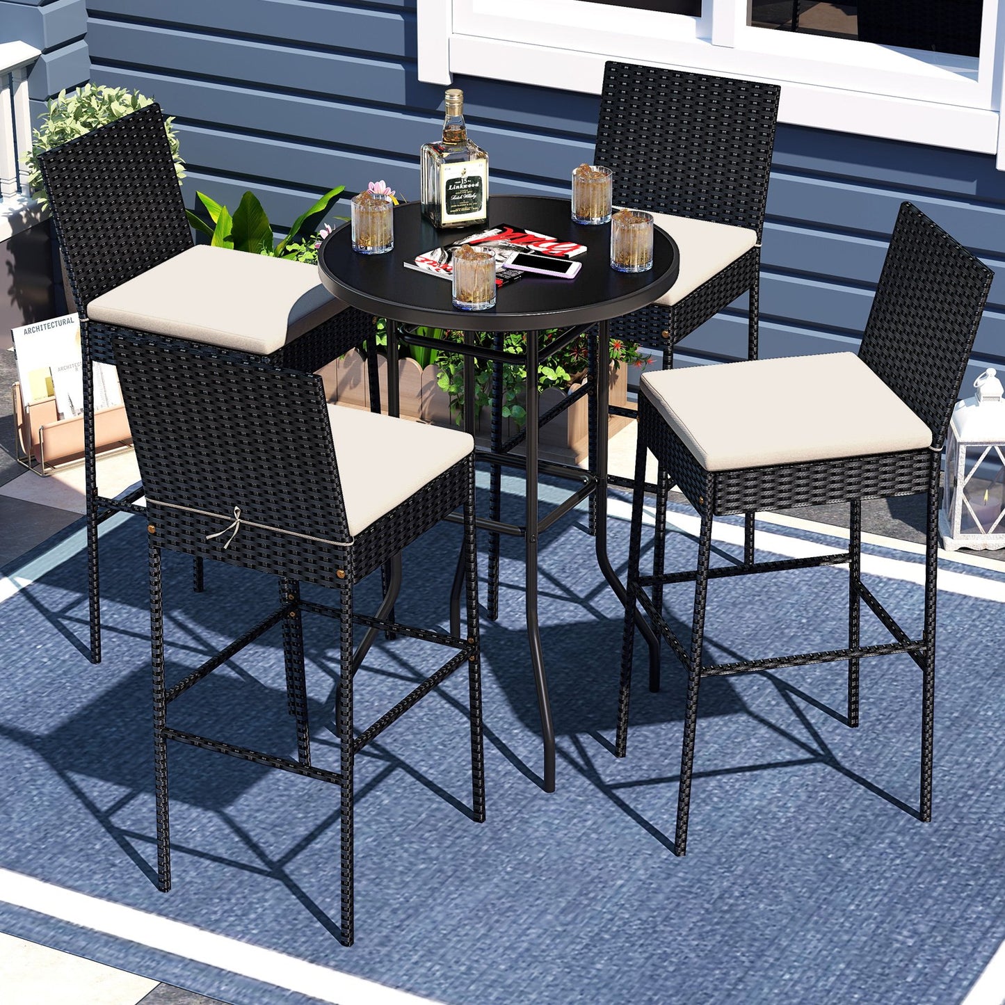 Patio Wicker Barstools with Footrest and Backrest Set of 4