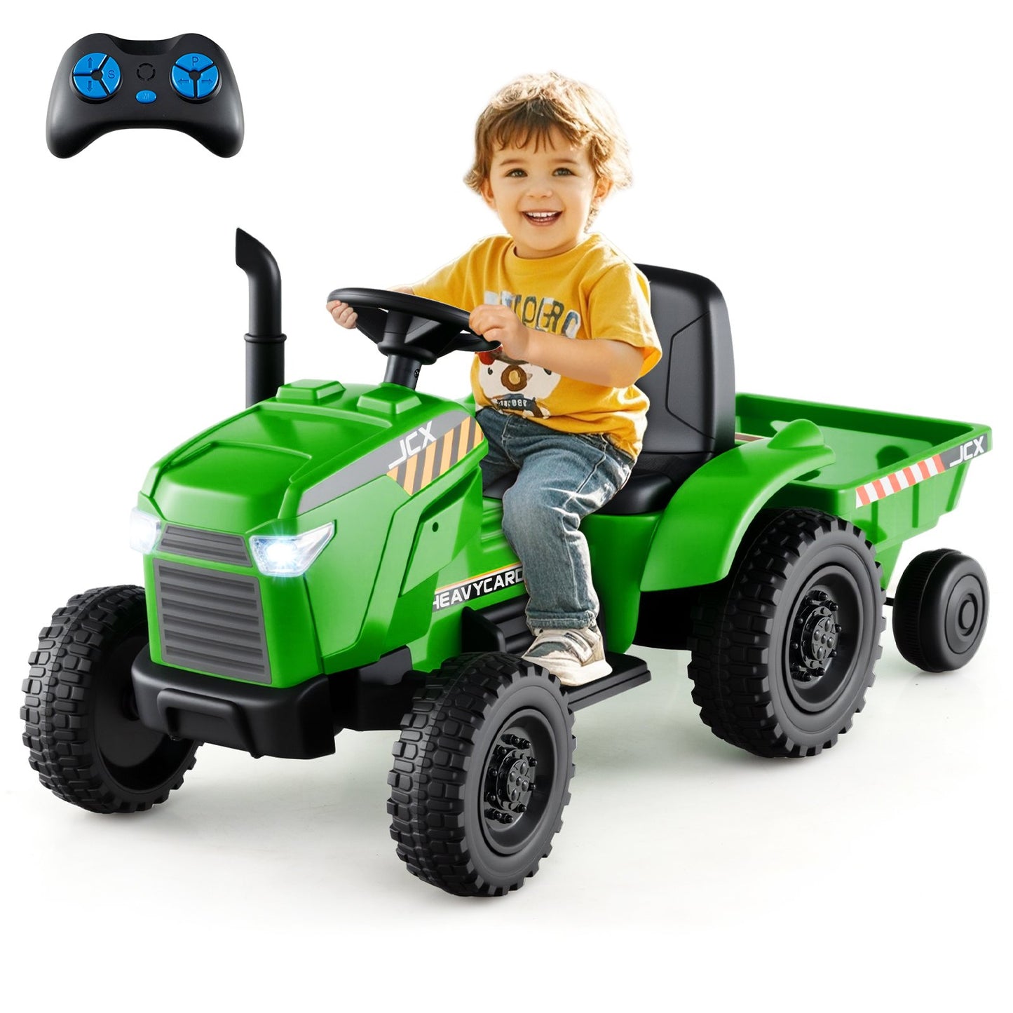 12V 2-in-1 Kids Ride On Tractor with Trailer and 3-Gear Shift-Grayish Green