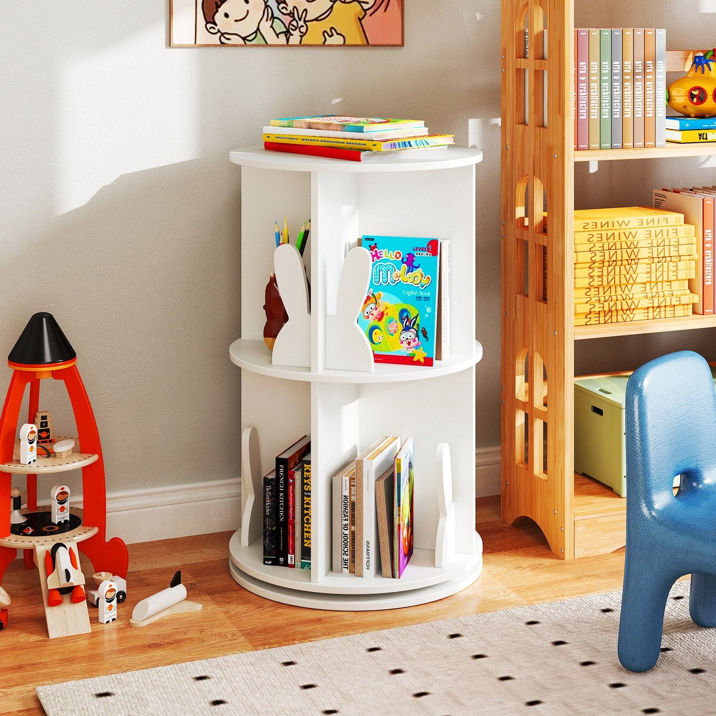 2 Tier Freestanding Kids Rotating Bookshelf Storage Rack with Bunny Baffles-Pink