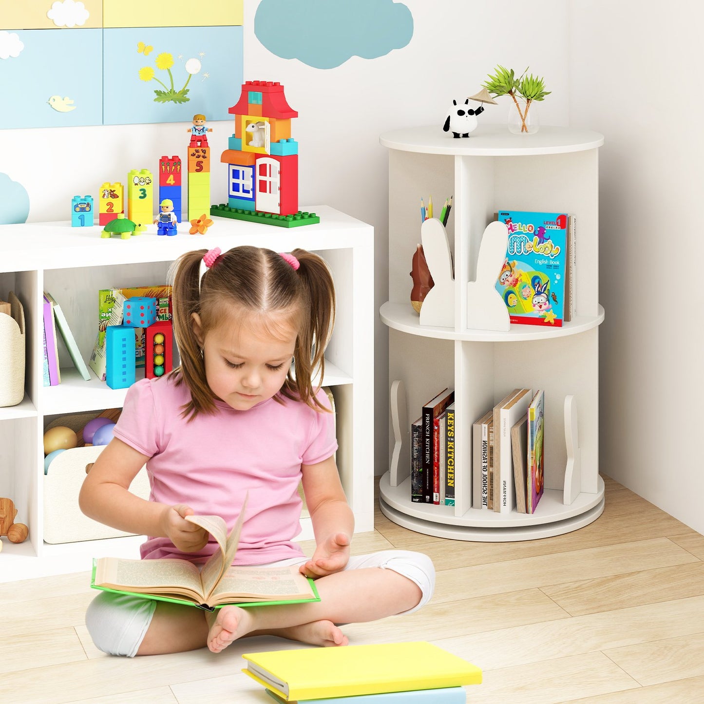 2 Tier Freestanding Kids Rotating Bookshelf Storage Rack with Bunny Baffles-Pink