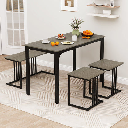 4 Pieces Industrial Dining Table Set with Bench and 2 Stools-Brown