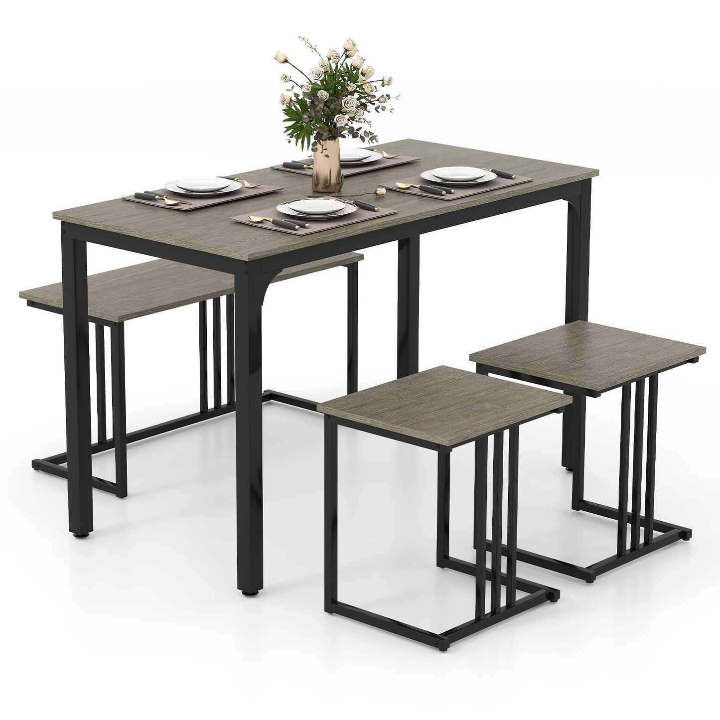 4 Pieces Industrial Dining Table Set with Bench and 2 Stools-Brown