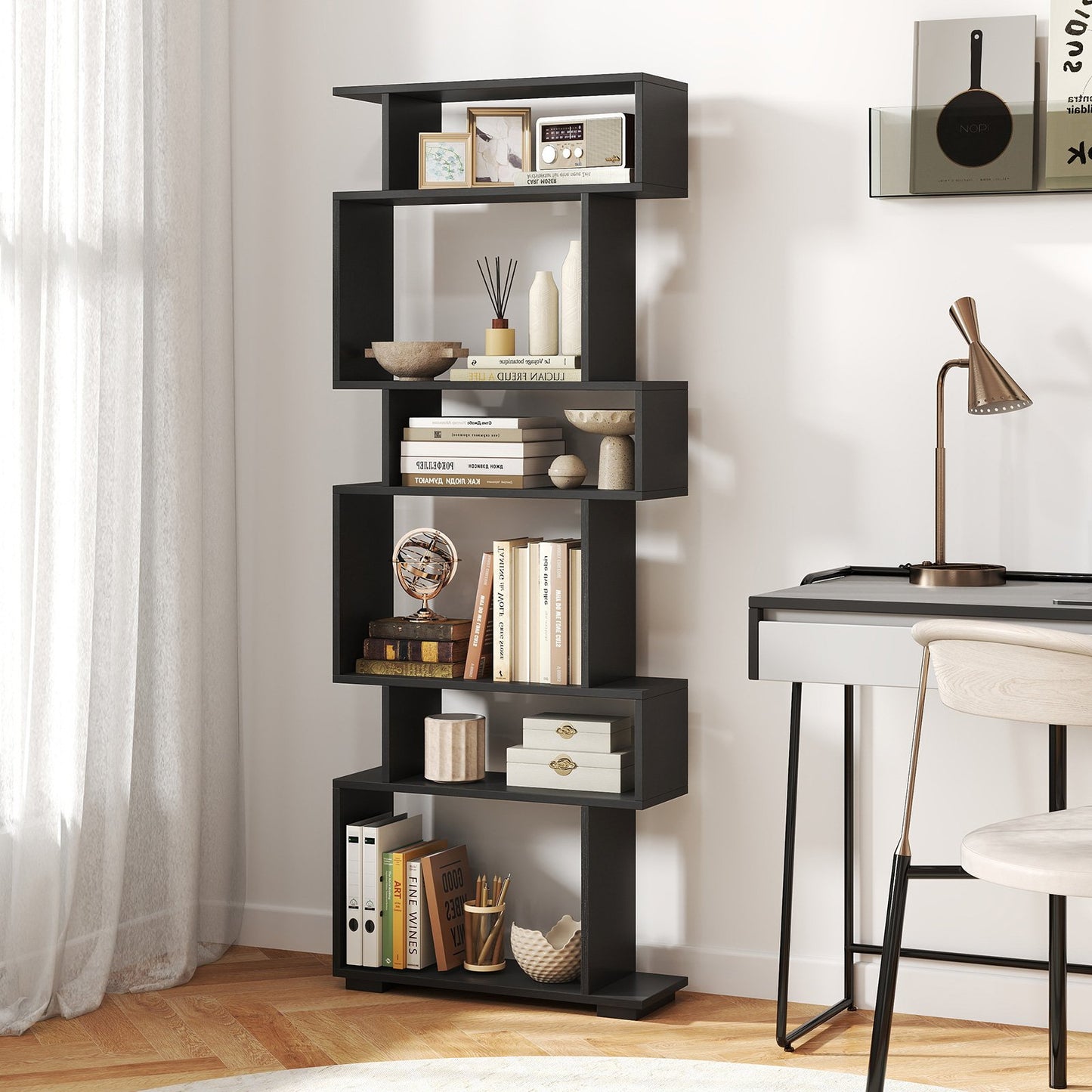 6-Tier Geometric Bookshelf with 2 Anti-Tipping Kits for Home Office-Black